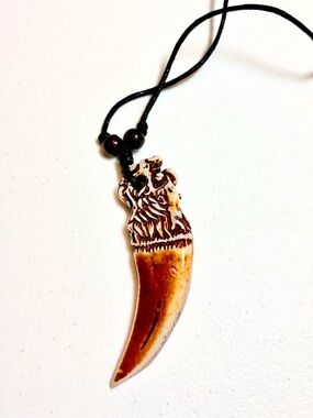 Carved Dragon Pendant Necklace in Tan and Brown.